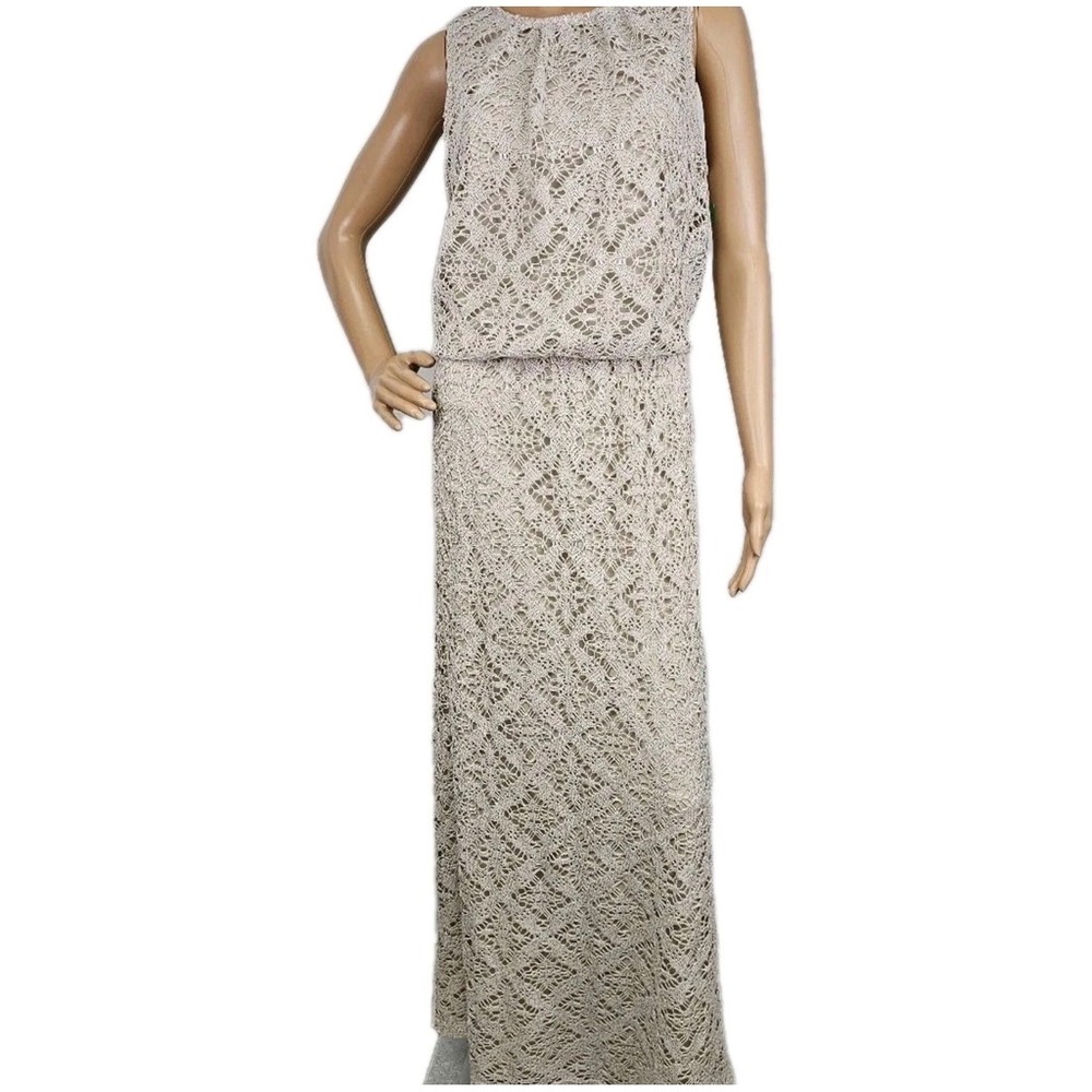 London Times Women's Maxi Crochet‎ Lace Dress Size 12 Beige Oatmeal Lined